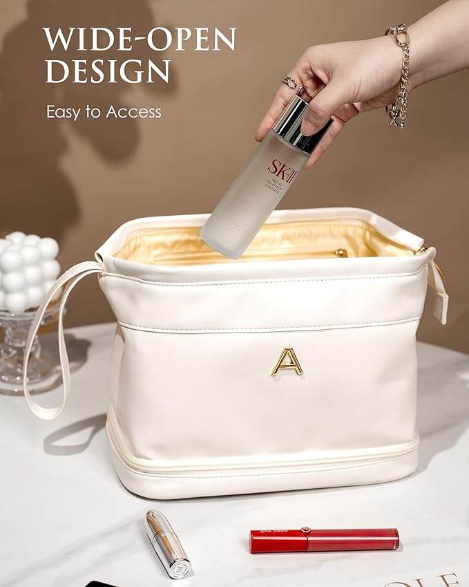 Women Birthday Gifts, Initial Large Makeup Bag, College Essentials for Girls Cosmetic Bag with Makeup Brush Organizer, Birthday Gift for Women/Girl Bridesmaids Gift Cute Stuff for Girls