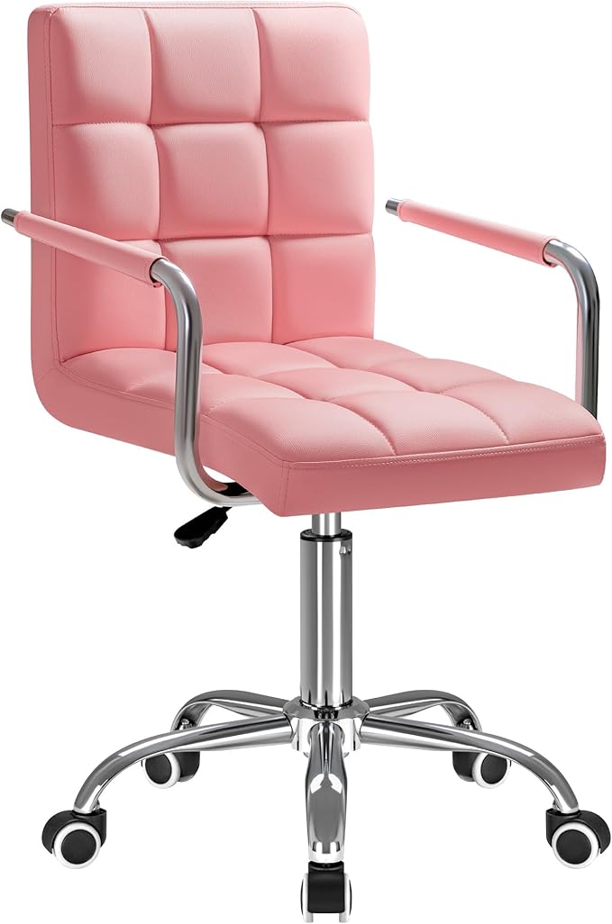 Furmax Vanity Office Chair with Wheels,Makeup PU Leather Executive Chair Modern Adjustable Home Desk Retro Comfortable Work Chair 360 Degree Swivel with Arms (Pink)