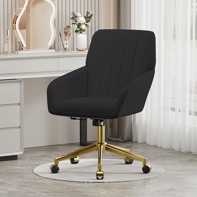 YISHENG Velvet Home Office Chairs with Gold Base, Height Adjustable 360 Degree Swivel Desk Chair with Wheels, Upholstered Tufted Modern Vanity Chairs for Living Room, Bedroom,Study Room (Black)