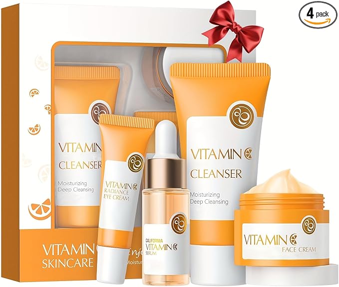 Vitamin C Skincare Set, 4 In 1 Moisturizing Facial Care Kit with Cleanser Serum Eye Cream Face Cream for Dull Skin & Fine Lines, Anti Aging Skin Care Routine Kit Gift for Women Teen Girls