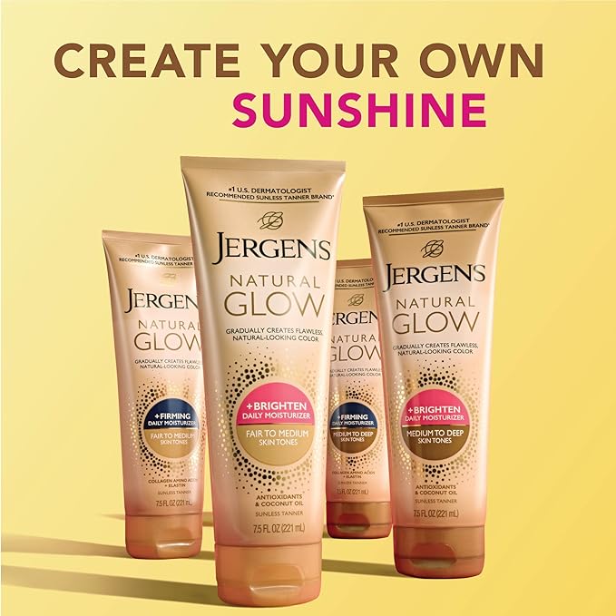 Jergens Natural Glow +Firming Self Tanner Body Lotion, Medium to Deep Skin Tone, Sunless Tanning Moisturizer with Collagen and Elastin, Helps to Visibly Reduce Cellulite, 7.5 Oz, Pack of 2