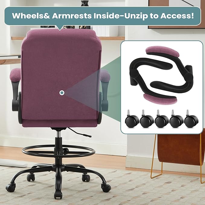 Drafting Chair for Standing Desk – Tall Office Chair with Adjustable Height & Foot Ring, Flip-Up Arms, Lumbar Support – Comfortable Fabric Seat, Ideal Home Desk Chair