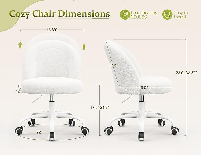 White Vanity Chair with Wheels, Cute Desk Chair with Back, Armless Office Chair Height Adjustable, Soft Lumbar Support for Small Space, Bedroom
