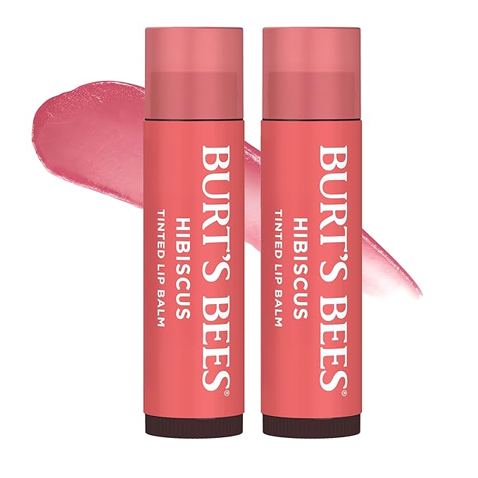 Burt's Bees Lip Tint Balm Valentines Day Gifts with Long Lasting 2 in 1 Duo Tinted Balm Formula, Color Infused with Deeply Hydrating Shea Butter for a Natural Looking Buildable Finish, Soft Hibiscus (2-Pack)