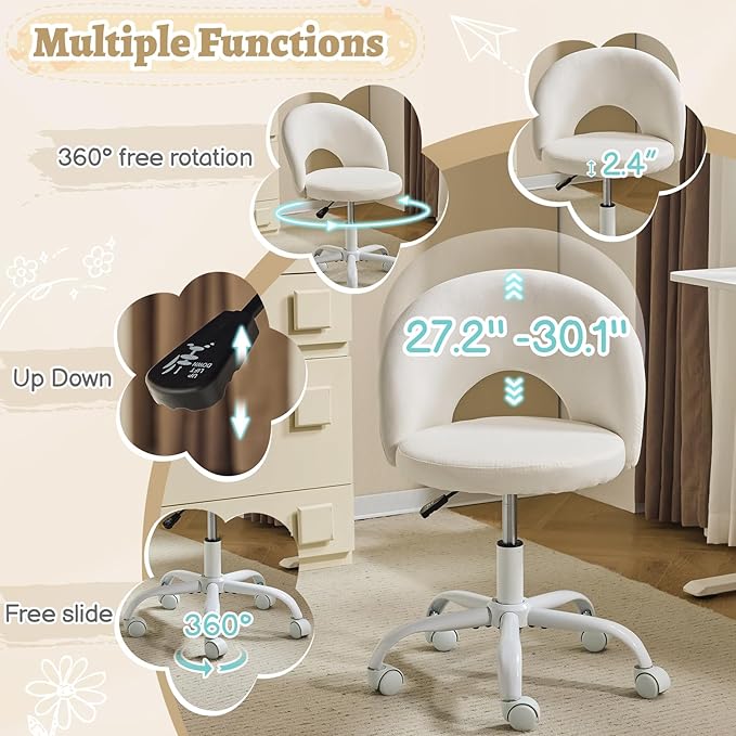 VINGLI Small Vanity Chair with Wheels for Girls.Cute Modern Adjustable Height Armless Office Desk Chair.360°Swivel Comfy Rolling Chair for Study, Make up Room,Small Space,Linen White