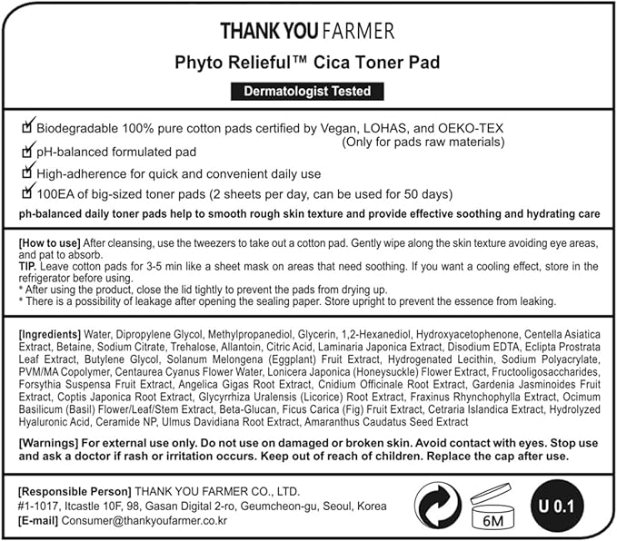 THANKYOU FARMER Phyto Relieful CICA Toner Pad 100 Pads(7.39 Fl Oz), Biodegradable Cotton Pad, Dermatologist Tested, Vegan, Hyaluronic Acid, Centella Asiatica, Soothing, Calming, Fragrance-Free