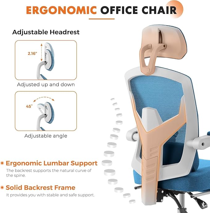 Sweetcrispy Office Computer Desk Chair Set of 2, Ergonomic High-Back Mesh Rolling Work Swivel Chairs with Wheels, Comfortable Lumbar Support, Comfy Arms for Home, Bedroom, Study, Student, Blue