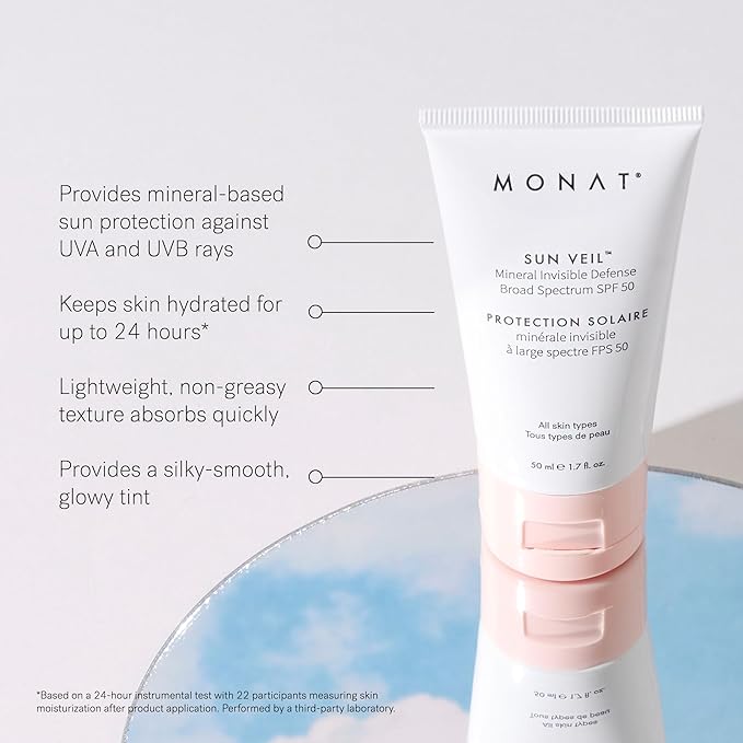 MONAT Sun Veil Mineral Sunscreen for Face SPF 50, Tinted Invisible Defense, Broad Spectrum Oil Free Facial Sunscreen with Zinc Oxide, Niacinamide & Vitamin E, 1.7 Fl Oz