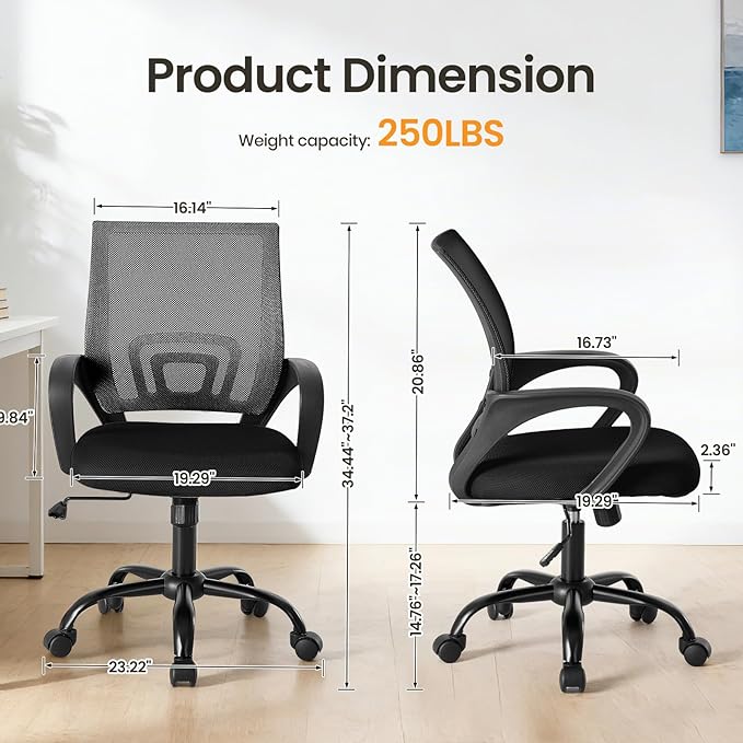 NEWBULIG Computer Desk Office Chair, Ergonomic Mid-Back Swivel Rolling Chair with Breathable Backrest and Lumbar Support Wheels, Mesh Office Chairs for Adults Home Task Gaming, Black 2 Pack