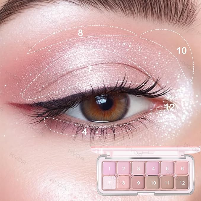 KYDA 12 Colors Lavender Eyeshadow Palette with Brush, High Pigment Matte Shimmer Pink Purple Brown Eye Shadow, All-In-One Eyes Palette for Women, Soft Blendable Powder Eyeshadow, Korean Eyes Makeup
