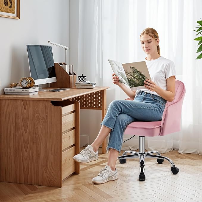 MOJAY Modern Vanity Chair with Wheels, Mid-Back Cutout Velvet Home Office Chair, Swivel Height-Adjustable Soft Seat Cute Desk Chair with Arm Support (Rose Pink)
