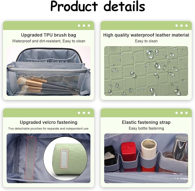 BOYATU Travel Makeup Bag Organizer: 3 Pcs Set Large Capacity Cosmetic Bags Holds 10–20 100ml Full-Size Bottles - 180°Open-Flat Make up Case 3-sec touch-up - Toiletry Bag Gift women (01-D-Green)