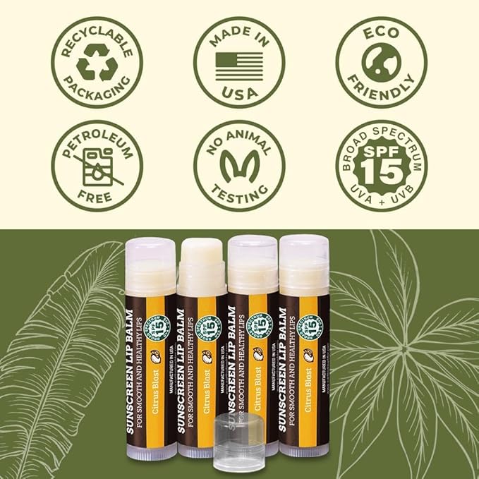 Earth's Daughter SPF Lip Balm 4-Pack Citrus Flavor - Lip Sunscreen, SPF 15, Organic Ingredients, Beeswax, Coconut Oil, Vitamin E - Hypoallergenic, Paraben Free, Gluten Free