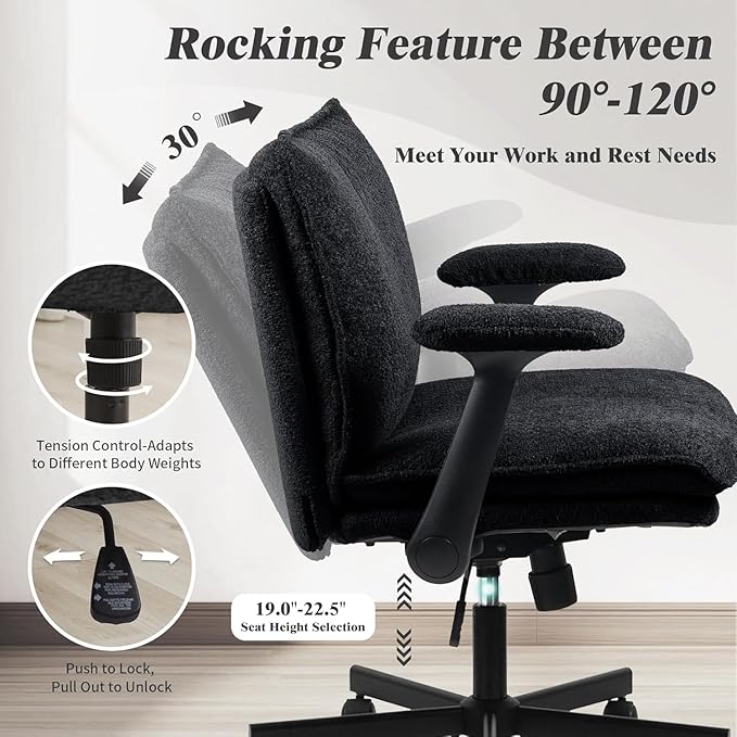 Criss Cross Legged Office Chair with Wheels and Flip-Up Arms, Upholstered Criss Cross Desk Chair, Wide Seat Chairs for Home Office, Vanity, Apartment, Black
