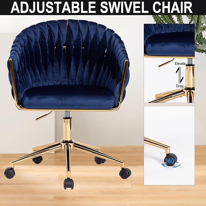 Velvet Office Chair with Back, Vanity Chairs with Wheels, 360° Swivel Velvet Home Office Desk Chair, Accent Chair Makeup Vanity Chair for Bedroom, Living Room(Blue)