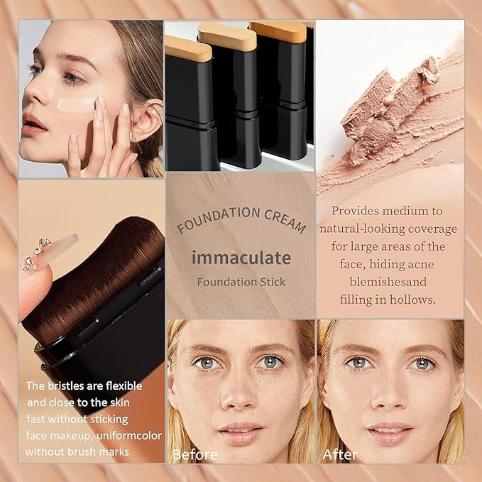 Flawless Face Foundation Stick,2-in-1 Long-Lasting Concealer Foundation Stick with Brush,Multi-Use Makeup for Dark Circles & Blemishes,Waterproof Thin Contour Sticks for Face Makeup (03#Pink Velvet)