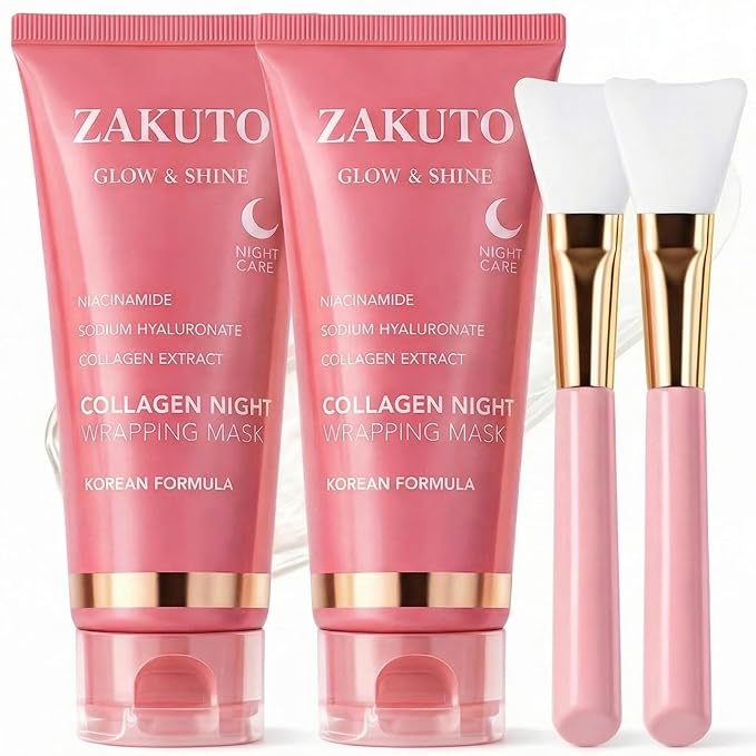 Collagen Face Mask 2 Pack – Korean Formula – Peel Off Overnight Face Mask for Glass Skin, Hydrating & Firming Collagen Mask with Brush, Korean Skincare for Elasticity & Glow (2.53 fl oz)
