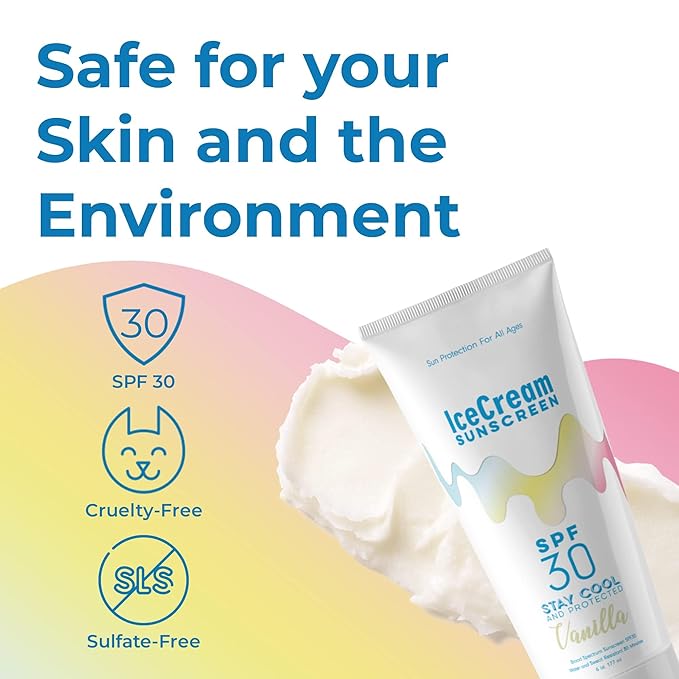 IceCream Broad Spectrum SPF 30 Sunscreen Lotion, Body & Face Lotion Sunblock Moisturizer with SPF, Water & Sweat-Resistant for 80 Minutes, Reef-Friendly & Cruelty-Free, 6oz (177ml) - Vanilla