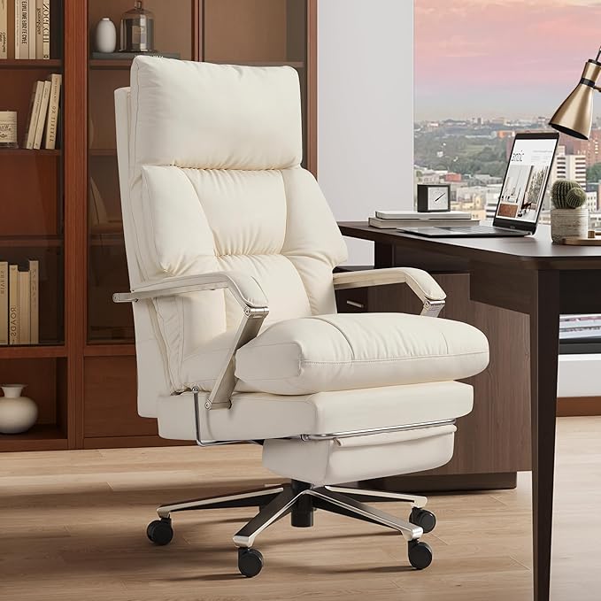 M76 160° Reclining Executive Office Chair with Footrest, Adjustable Seat Depth, 10" Thick Cloud Cushion Desk Chair, 420lb Heavy Duty High Back Leather Desk Chair for Home Office, Cream