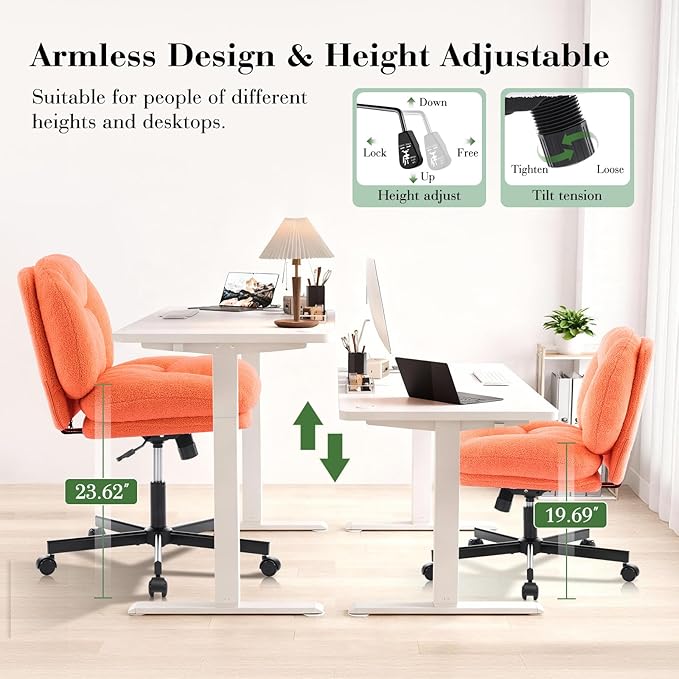 Cross Legged Office Chair, Thick Cushioned Criss Cross Desk Chair with Wheels, Wide Seat Armless Office Chair, Height Adjustable Swivel Vanity Chair for Home and Office, Orange