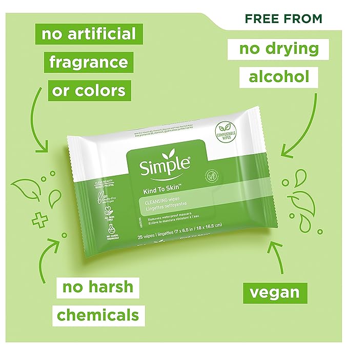 Simple Kind to Skin Facial Wipes Gentle and Effective Makeup Remover Cleansing Free from color and dye artificial perfume and harsh chemicals 25 Wipes, Pack of 2