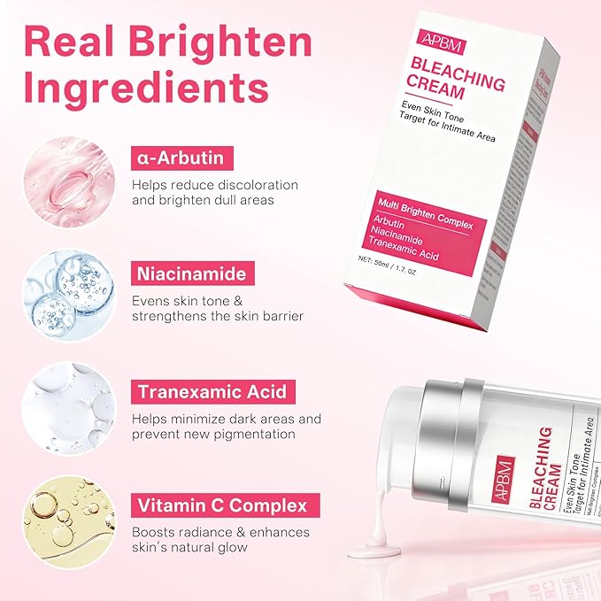 APBM Skin Lightening Cream for Intimate Area with Niacinamide, Arbutin, Tranexamic Acid and Vitamin C, Even Skin Tone for Body, Underarm, Knees, Elbows, Inner Thigh, Bikini Areas, 1.7 fl.oz