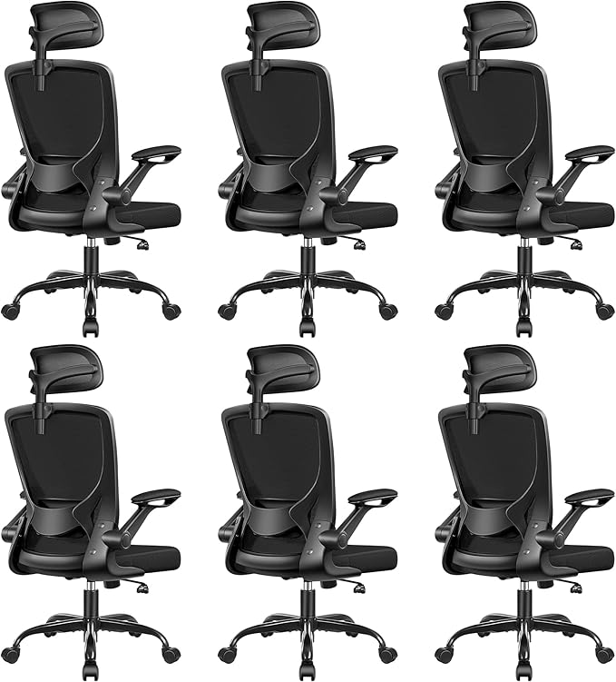 Ergonomic Office Desk Chair Comfy, High Back Mesh Office Desk Chairs with Adjustable Lumbar Support, Headrest, Flip-up Armrests, Home Computer Chair for Gaming, Work, 6 Pack