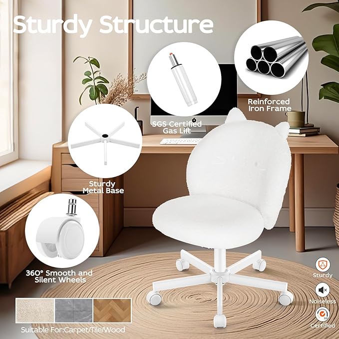 Vanity Chair with Cat Back,Armless Desk Chair Cute Small Office Chair,Teddy Fabric Computer Chair with Adjustable Height,120°Tilting,Rolling,Swivel for Vanity,Kids Room,Office,Bedroom White