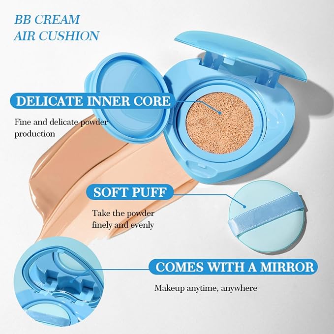 Air Cushion BB Cream, Heart-Shape Cushion Foundation with Mirror, Concealer & Moisturizing Effects Lightweight Buildable Coverage, Blurs Pores, Even Skin Tone Oil-Control Formula, Ivory
