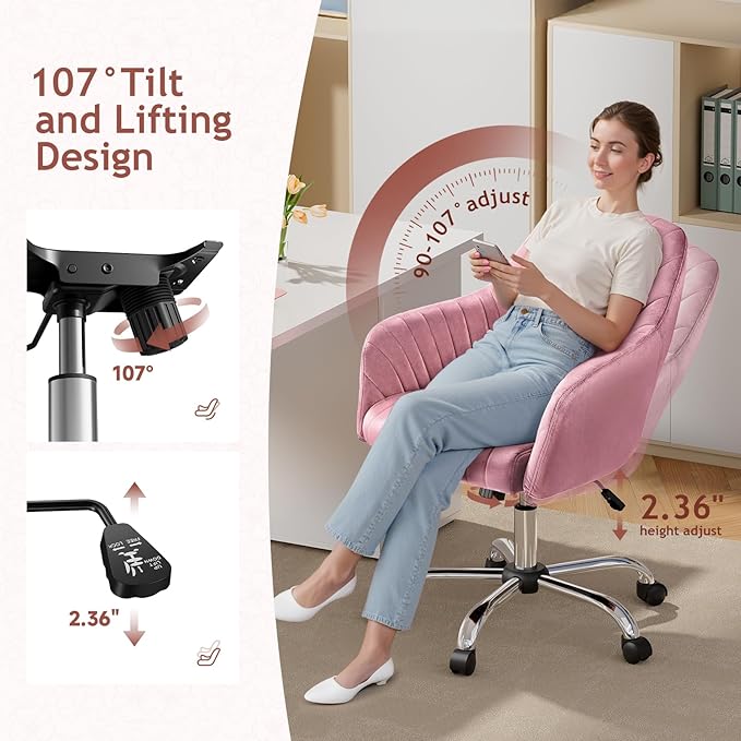 Warmiehomy Velvet Desk Chair for Home Office, Modern Adjustable Swivel Task Chair, Women Vanity Chairs with Arm Rest for Bedroom Dressing Room, Rose Pink