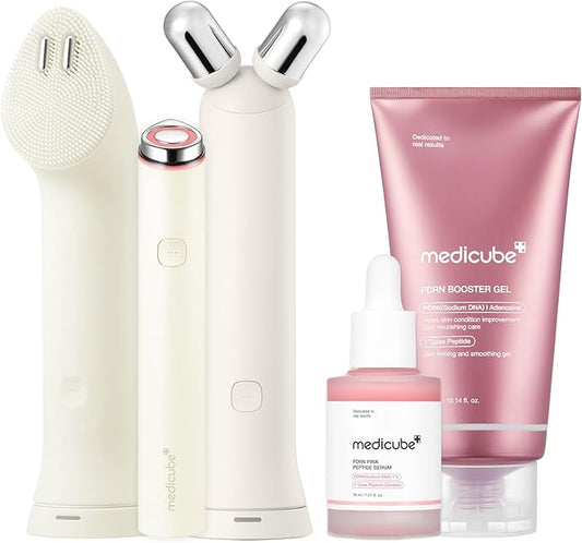 medicube All-in-One Skin Booster Device & Skincare Set: Mini Booster Pro Plus Full Set Beige, PDRN Peptide Serum, and PDRN Booster Gel | 3-in-1 Korean Facial Device for Cleansing, Firming, Hydrating