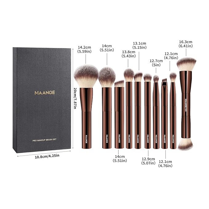 10 Pcs MAANGE Travel Makeup Brush Set with Magnetic case, Premium Synthetic Short Handle Brushes for Foundation, Powder, Concealer, Eye Shadows, Makeup Brush Tools Set(CoffeeBrown)