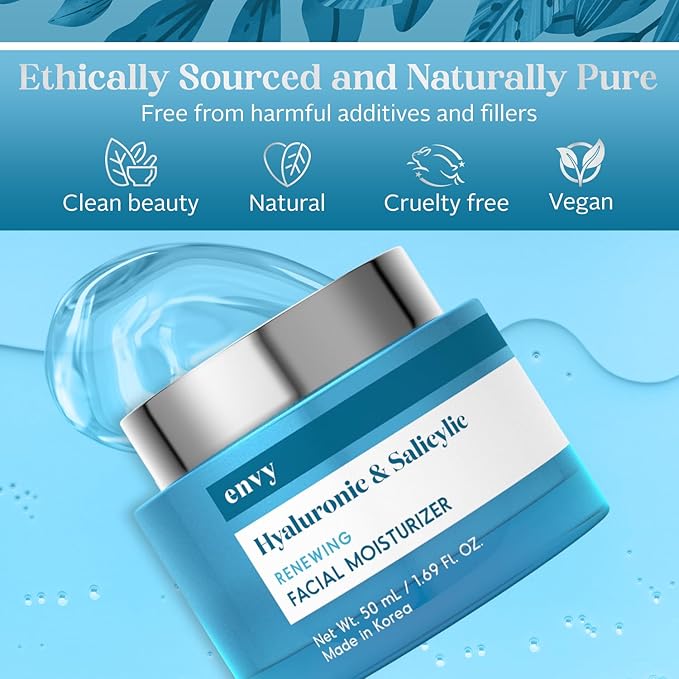 Envy Hyaluronic & Salicylic Acid Face Moisturizer Cream - Hydrating, Acne Scar Reduction & Anti-Aging Day Cream - Dermatologist Tested, Clean Beauty for All Skin Types - 1.69 Fl. Oz