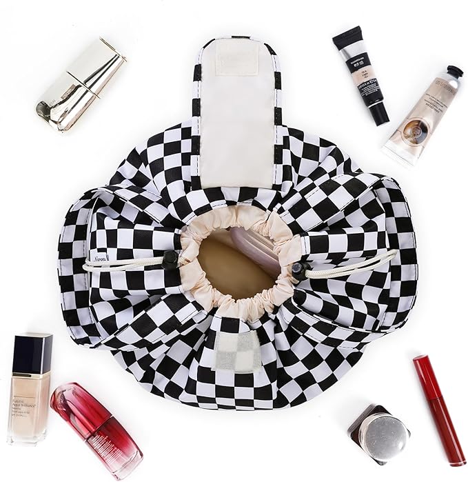 Narwey Barrel Drawstring Checkered Makeup Bag Large Cosmetic Bag Make up Bags Toiletry Bag Travel Bags for Toiletries Organizer for Women Gift for Teen Girls (Black Checkerboard) (Patent)