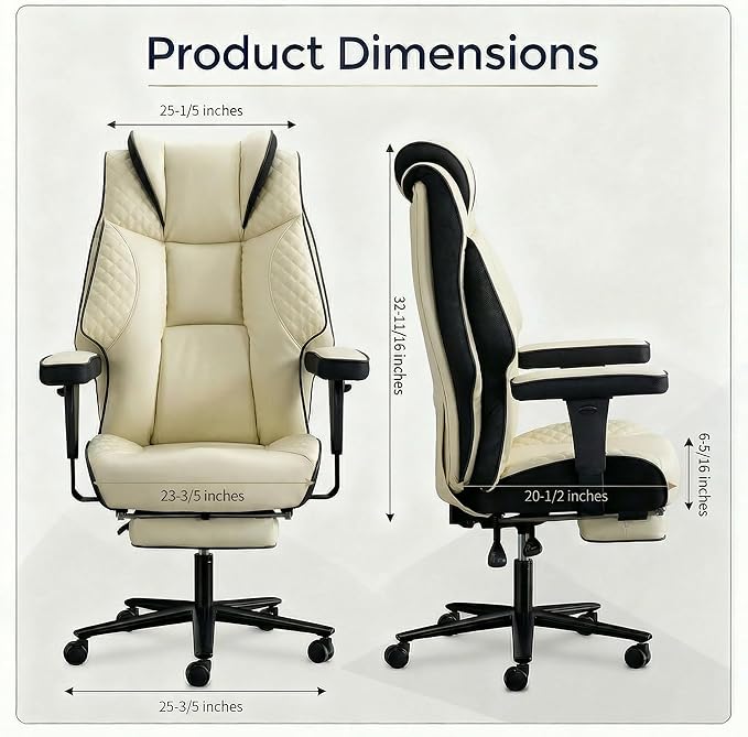Big and Tall Office Chair 500lbs - 23.6" Extra Wide Seat Ergonomic Executive Chair, Heavy Duty Metal Base High Back Leather Office Chair with Footrest, Lumbar Support & Adjustable Arm, Beige
