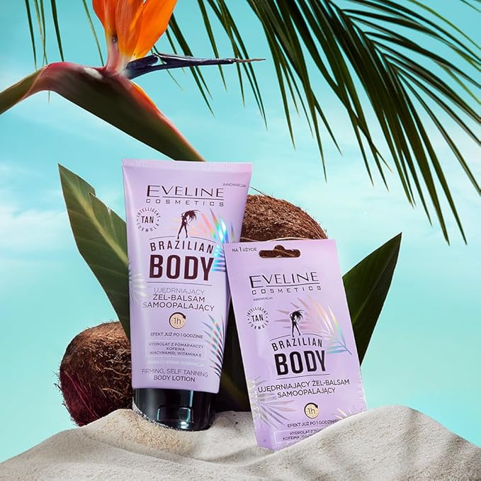 Eveline Cosmetics Brazilian Body Firming Self-Tanning Gel-Balm with Erythrulose, DHA & Vitamin E - Vegan Formula for Natural Radiant Tan & Hydrated Skin