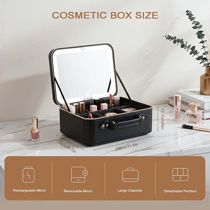 Prite Makeup Bag With LED Mirror 3 Light Modes Adjustable Brightness, Travel Cosmetic Train Case with Adjustable Dividers & Brush Holder, Portable Makeup Artist Organizer Bag for Women(Black)