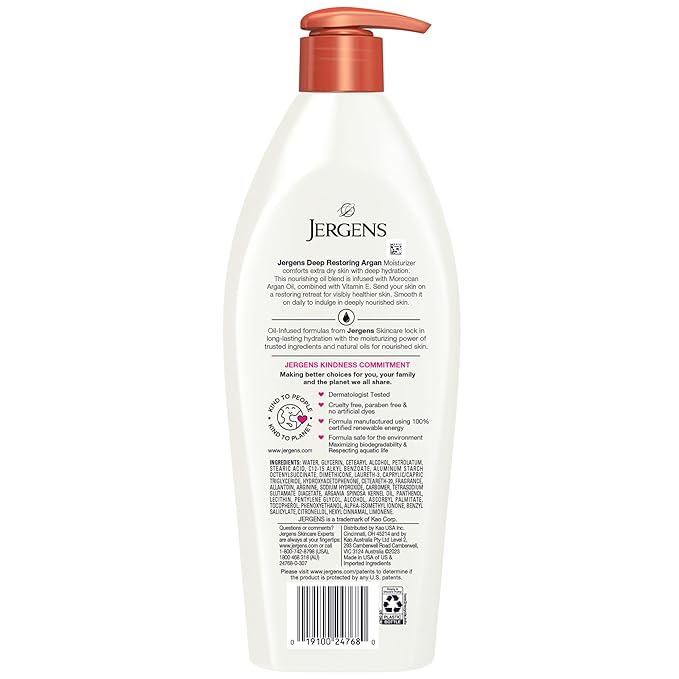 Jergens Deep Restoring Argan Oil Moisturizer, Soothing Body and Hand Lotion with Reviving Argan Oil and Vitamin E, Oil-Infused, Dermatologist Tested, 16.8 oz
