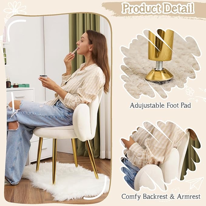 VINGLI Petal Makeup Vanity Chair with Back,Flower Cute Girls Desk Chair Comfy No Wheels,Modern Dining Chair,Small Accent Chair with Adustable Gold Legs&Bow Pillow for Home Office,Bedroom,Velvet,White