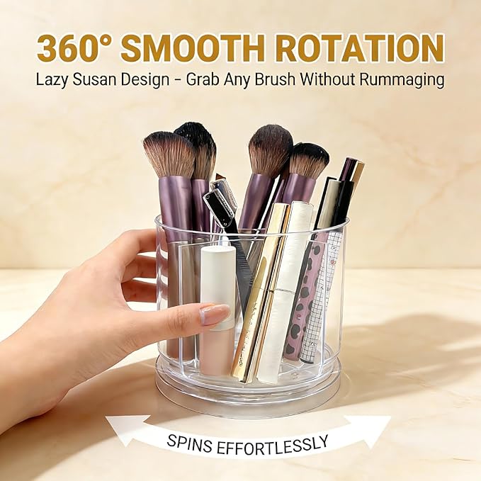 Makeup Brush Holder 360 Rotating Makeup Brushes Organizer for Vanity, 5 Slots Makeup Organizers & Storage, Multi-Functional Pencil Pen Holder for Desk, Cosmetic Storage Container Cup (Clear)