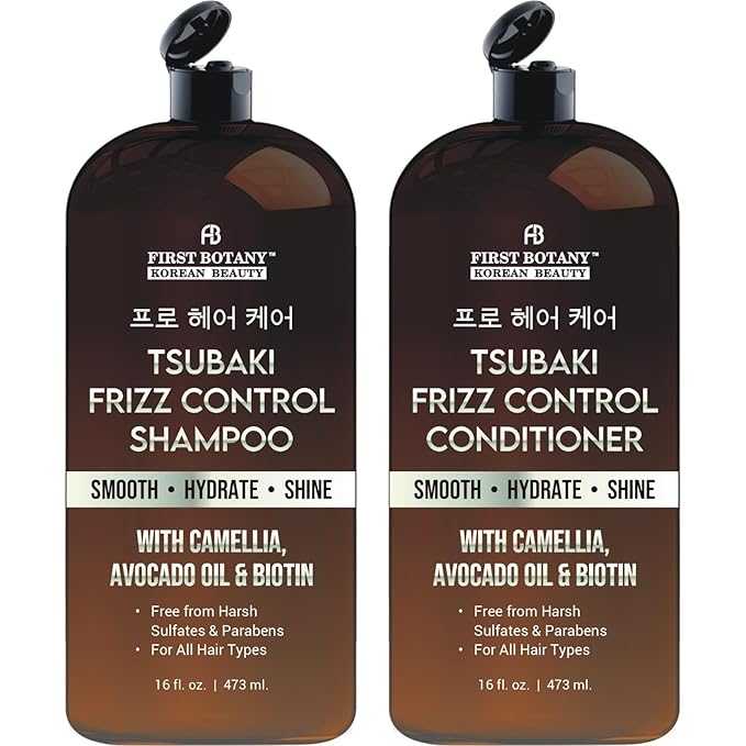 Korean Frizz Control Shampoo & Conditioner Set – Tsubaki Anti Frizz Hair Products for smooth, salon-worthy results- Sulfate Free, Hydrating & Smoothing for All Hair Types- 16 fl oz