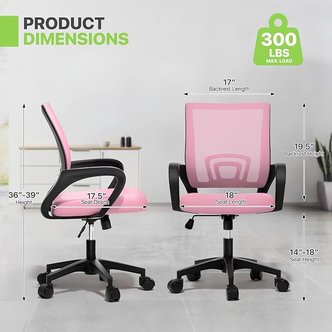 Magshion Ergonomic Office Chair Pack of 2, Mid-Back Mesh Desk Chair, Adjustable Swivel Computer Chair with Lumbar Support & Breathable Backrest for Gaming, Work, Study, 300 Lbs Capacity, Pink