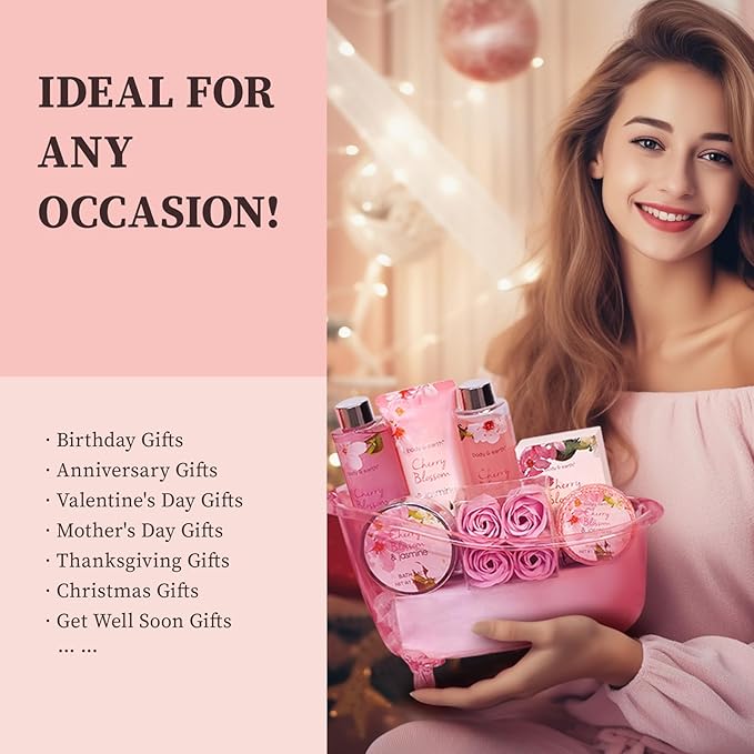 Body & Earth Spa Gifts for Women Self Care Kit - 8pcs Cherry Blossom & Jasmine Bath Sets for Women, Birthday, Mother's Day Gifts for Mother, Wife, Girlfriends