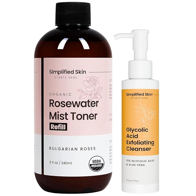 Rose Water Spray for Face & Hair 8 Oz (Refill) + Glycolic Acid Face Wash