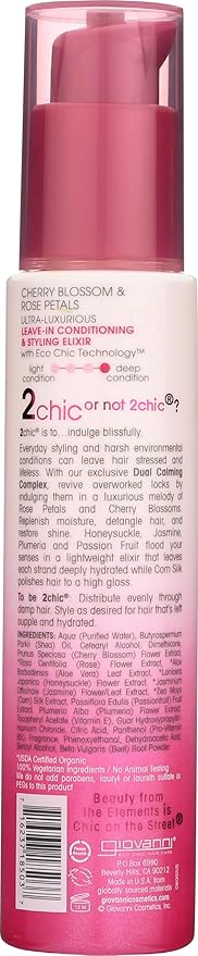 GIOVANNI 2chic Ultra-Luxurious Leave-In Conditioning & Styling Elixir - Smoothing Hair Cream for Curly & Wavy Hair, Enriched with Aloe Vera, Paraben Free, Color Safe - Cherry Blossom & Rose Petal, 4oz