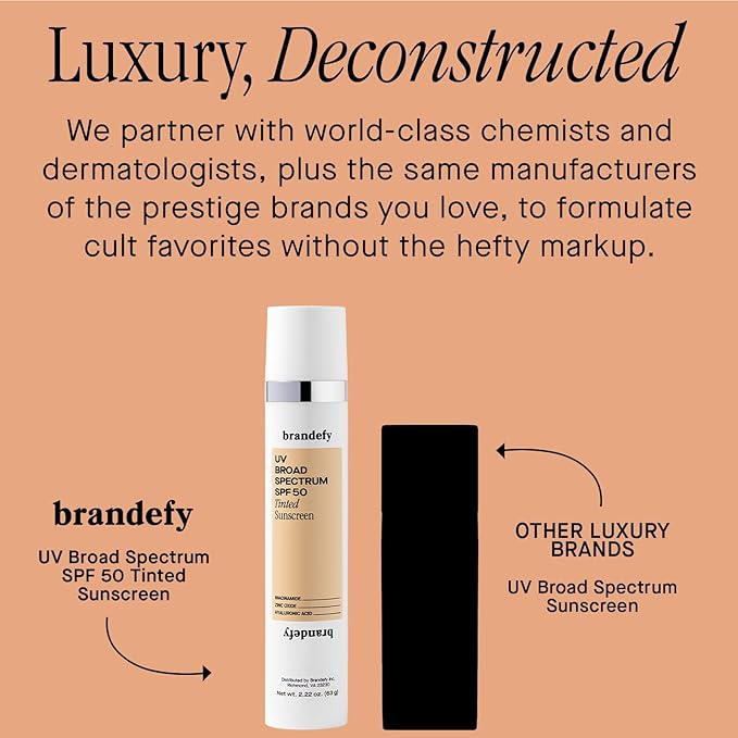 Brandefy UV Tinted SPF 50 Face Sunscreen - Hydrating Sheer-Tinted Face Moisturizer, Broad Spectrum with Clear Zinc Oxide, Niacinamide & Hyaluronic acid, Made in The USA (2.22 Oz)