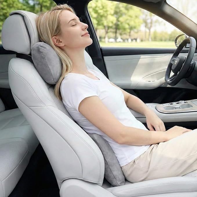 2PCS Car Pillow for Car Neck Pillow for Driving Seat Leather Neck Support Soft Cushion Back Support Head-Rests for Vehicle Sleeping with Elastic Adjustment Strap (Grey, Head and Lumbar)