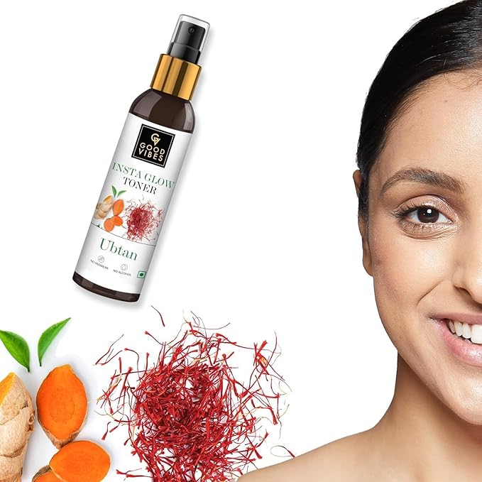 Good Vibes Insta Glow Face Toner Spray | Ubtan with Saffron & Turmeric | Hydrating & Refreshing Skin Mist | Alcohol-Free, Paraben-Free | All Skin Types | 4.06 Fl Oz (120ml)