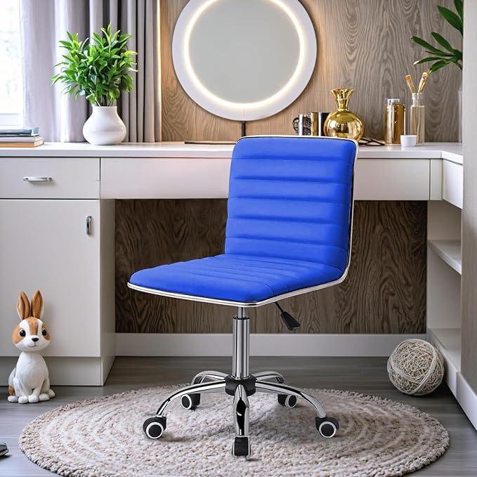 Furmax Vanity Office Desk Chair with Wheels, Armless Small Cute Leather Makeup Computer Task Chair Adjustable Height 360° Swivel (Blue)