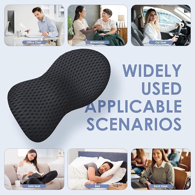 Lumbar Support Pillow, Memory Foam Lumbar Pillow for Lower Back Pain Relief, Back Support Pillow for Office Chair, Car Seat - Black